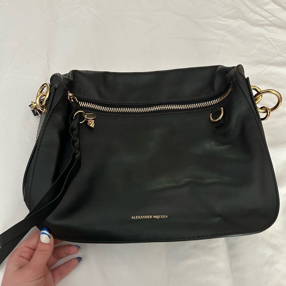 Alexander McQueen Satchel Bag Crossbody Tote Womens Black Leather Convertible